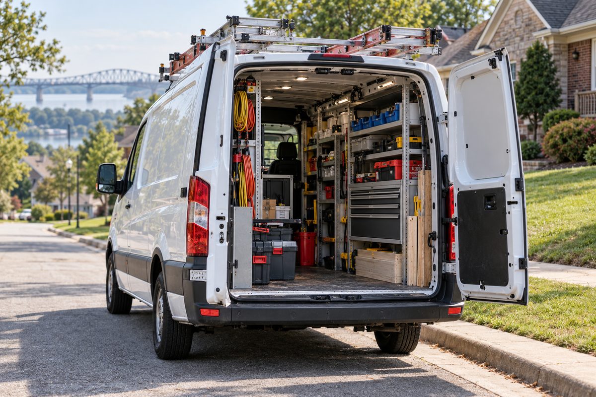 Contractor service dispatch vehicle with open cargo doors displaying modular tool racking parked on site in Cape Girardeau