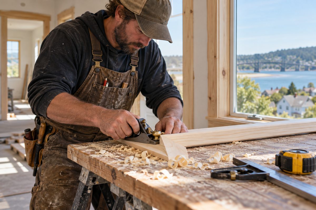 Handyman trimming and planning pine door casing moulding for a flush interior doorway fit