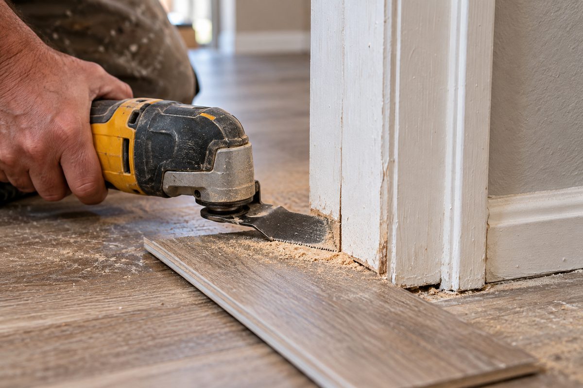Oscillating saw flush-cutting the bottom of an interior door casing to allow plank expansion clearance