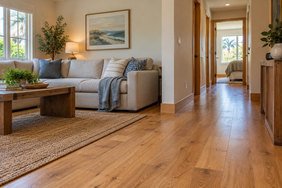 Finished oak hardwood flooring installation with seamless hallway transitions and clean base shoe moulding