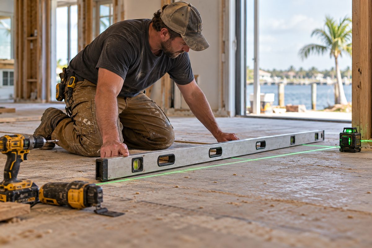Checking subfloor flatness tolerance with a precision six-foot box level and laser line before floor installation