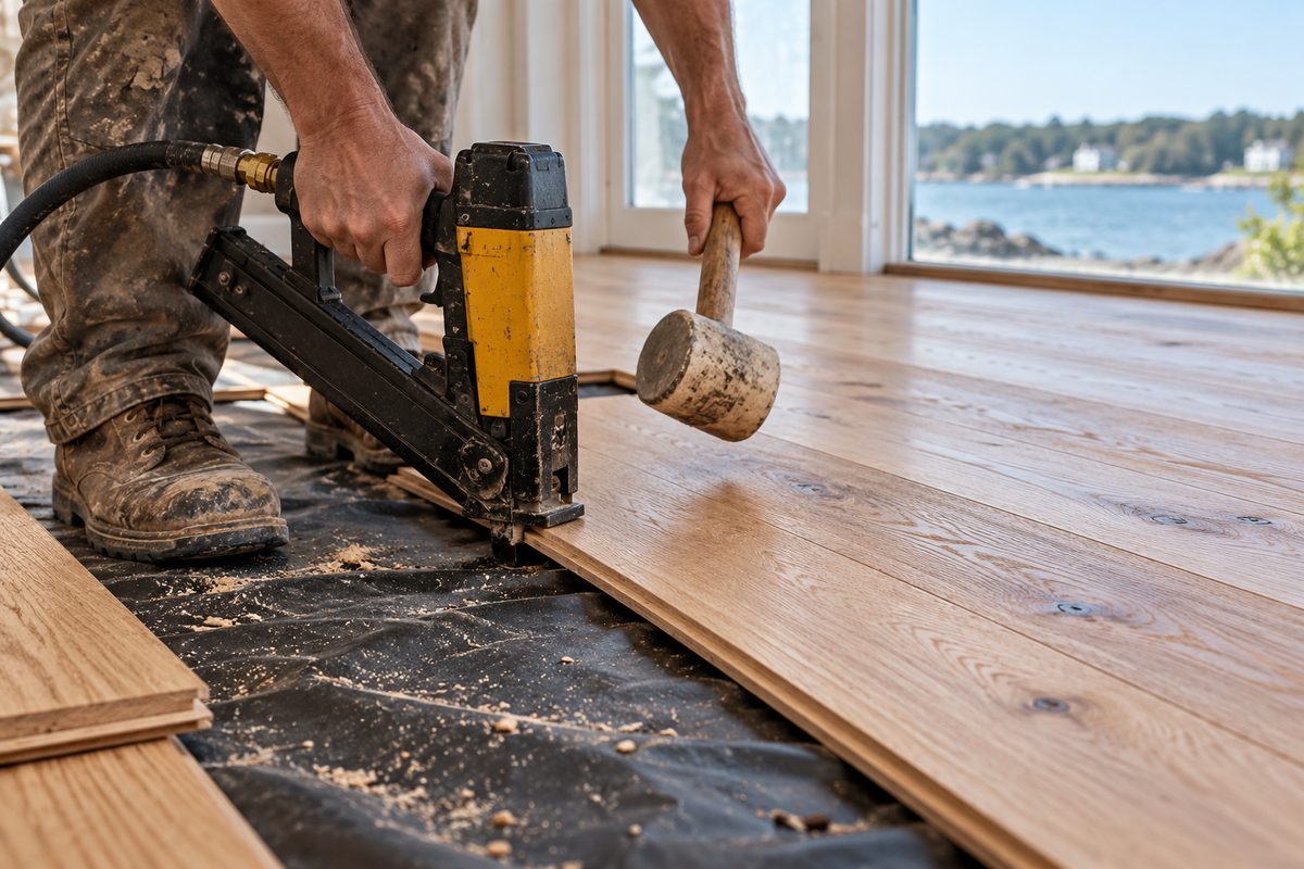Pneumatic floor nailer securing solid oak tongue and groove hardwood planks over vapor barrier subfloor