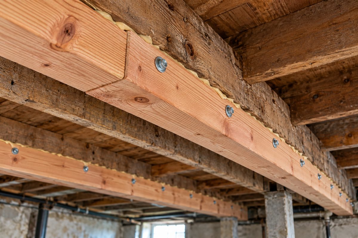 Structural floor joist sistering reinforcement with heavy timber framing and structural screws to eliminate floor deflection