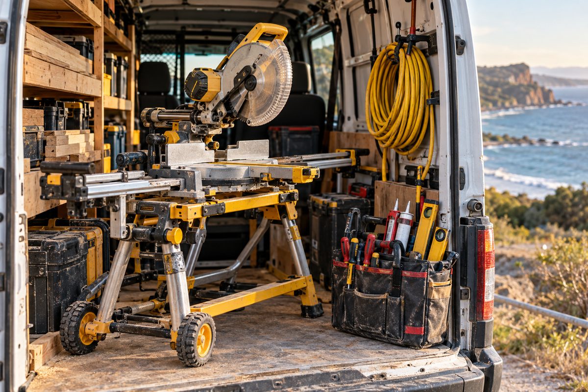 Mobile tool equipment setup showing compound miter saw station and hand tool boxes on site in Cape Girardeau