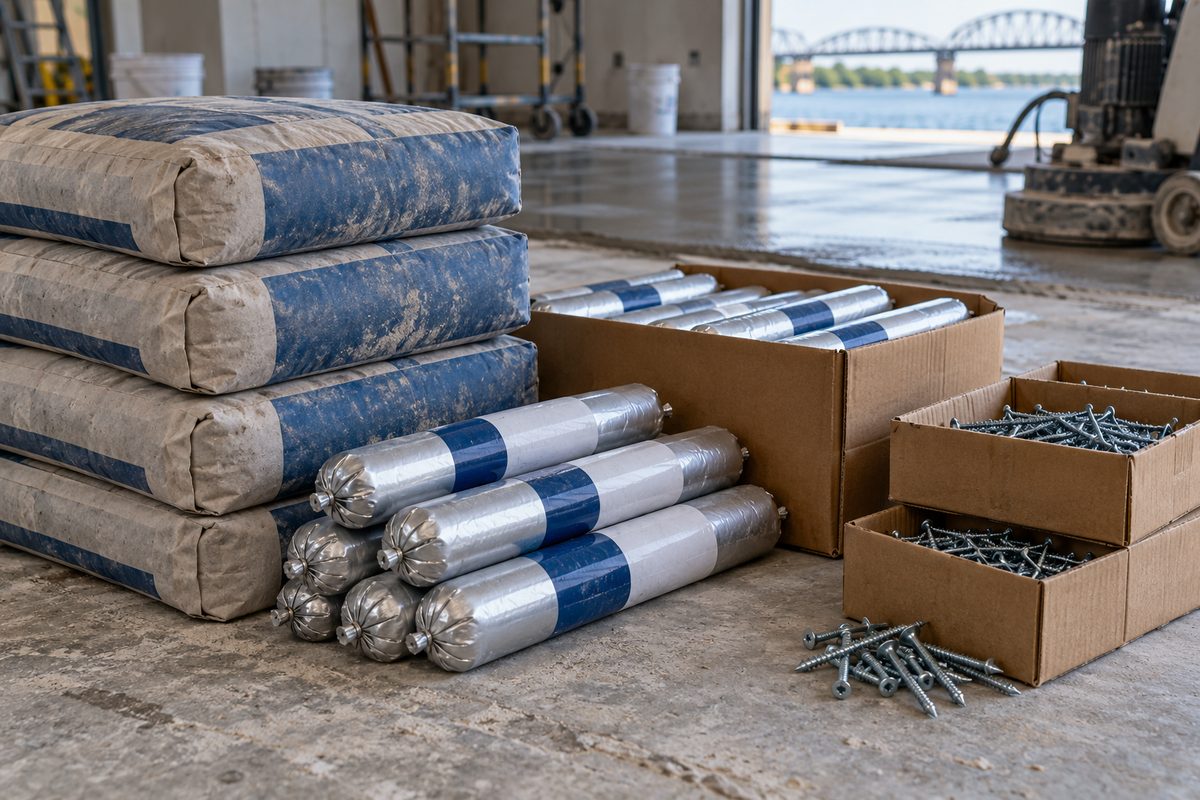 Staged commercial floor leveling compound, polyurethane adhesive, and fasteners at operational base